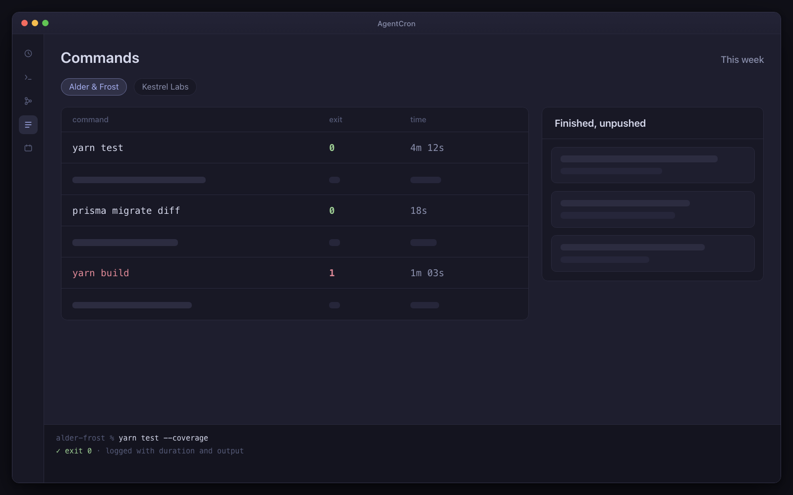 The commands view filtered to one client project — the commands an agent ran this week with their exit codes and durations — beside that client's queue of finished, unpushed work.