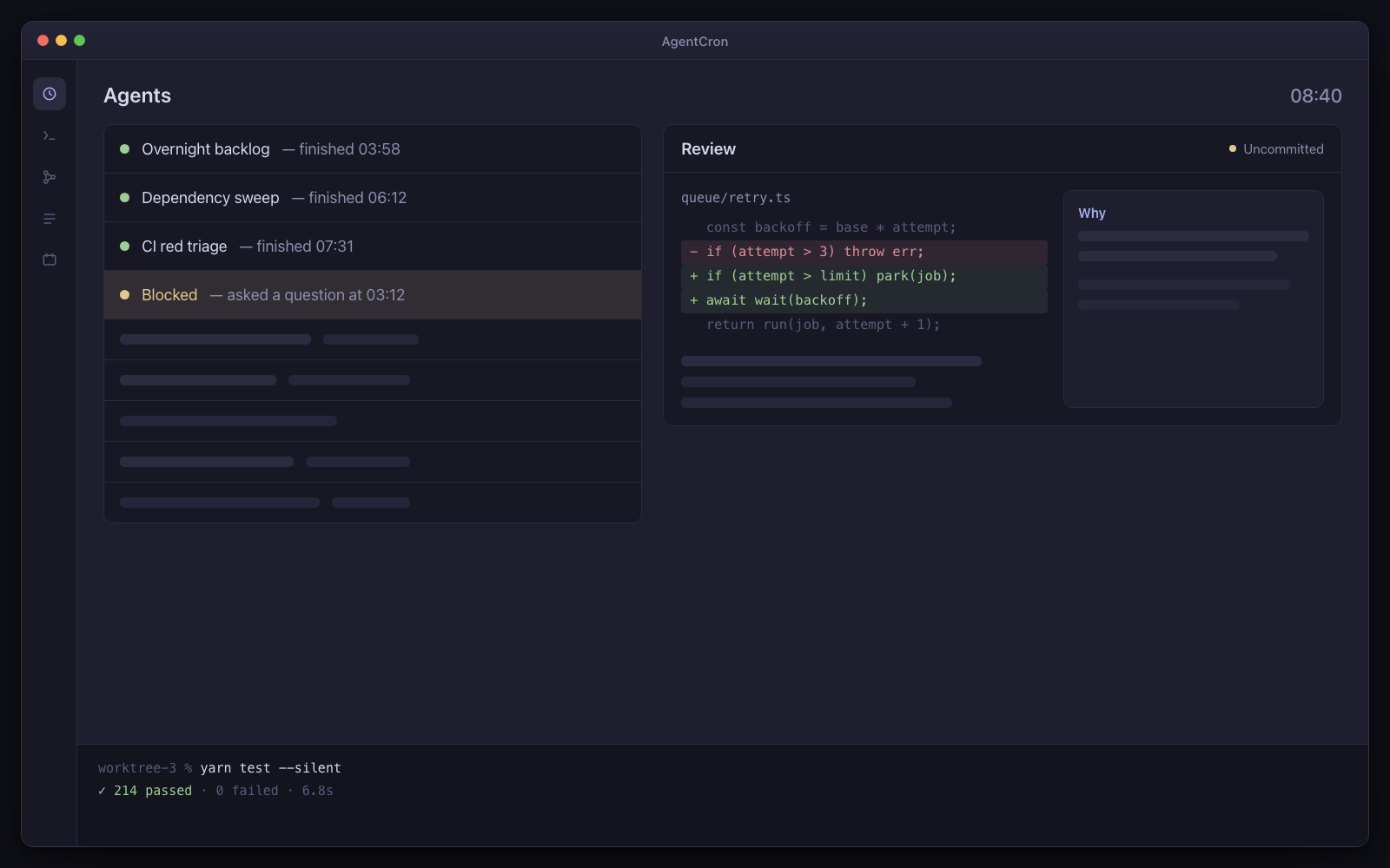 Three finished worktrees with uncommitted diffs, the review screen scrolling with an explanation card beside each hunk, and one agent at the top still blocked on an approval it asked for at 3am.