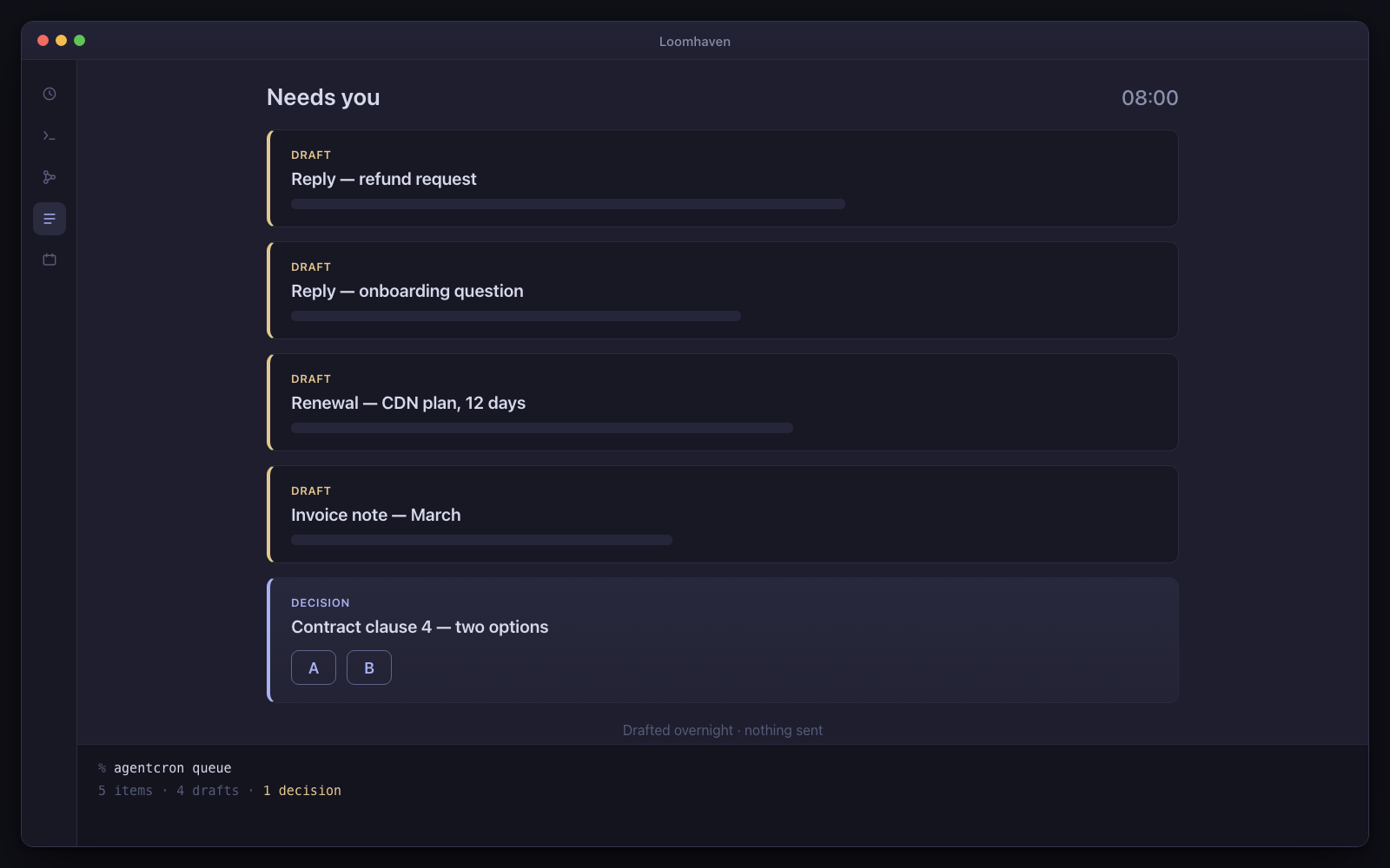 The morning view: a Needs-you strip with four drafts and one decision, each produced overnight and each one click away.