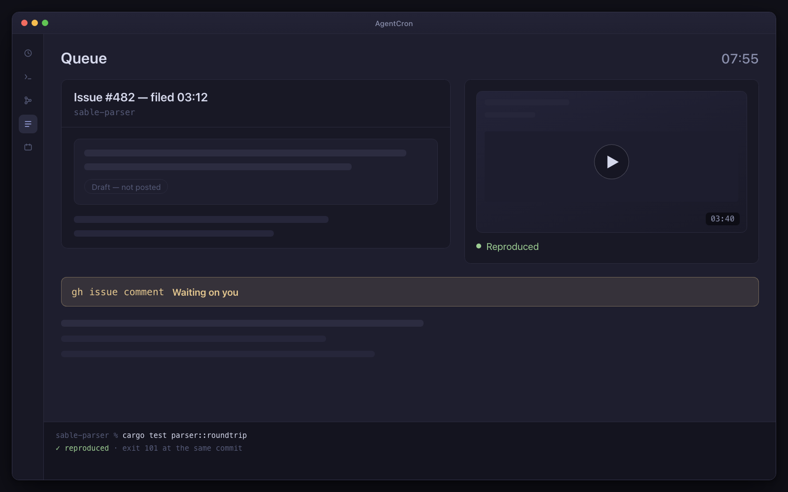 A GitHub issue filed at 03:12 beside a reproduction recording captured at 03:40, with a queue item holding the drafted reply and a gh issue comment sitting unposted behind an approval gate.