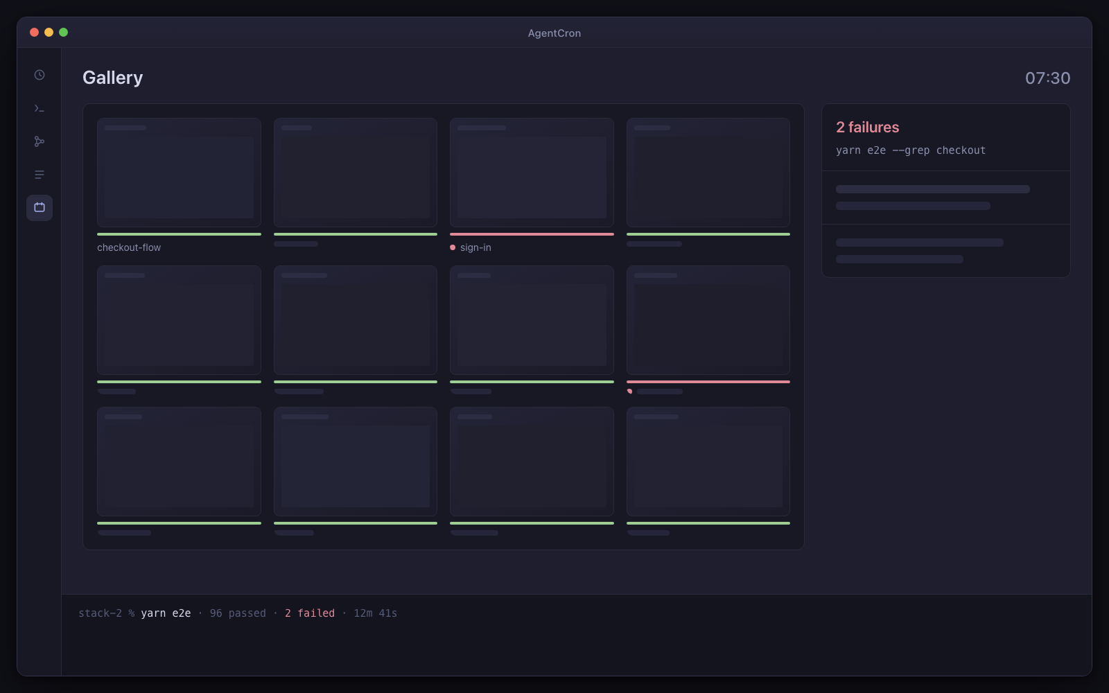 A grid of last night's screenshots, one folder per scenario, with two failures visually obvious, and a queue item naming the exact command that failed.