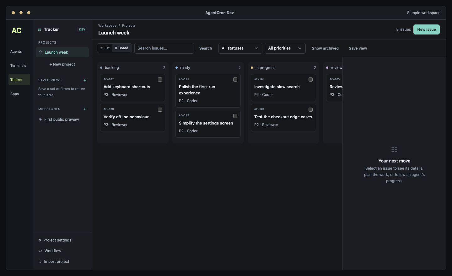 AgentCron Tracker board with sample launch tasks grouped by status.
