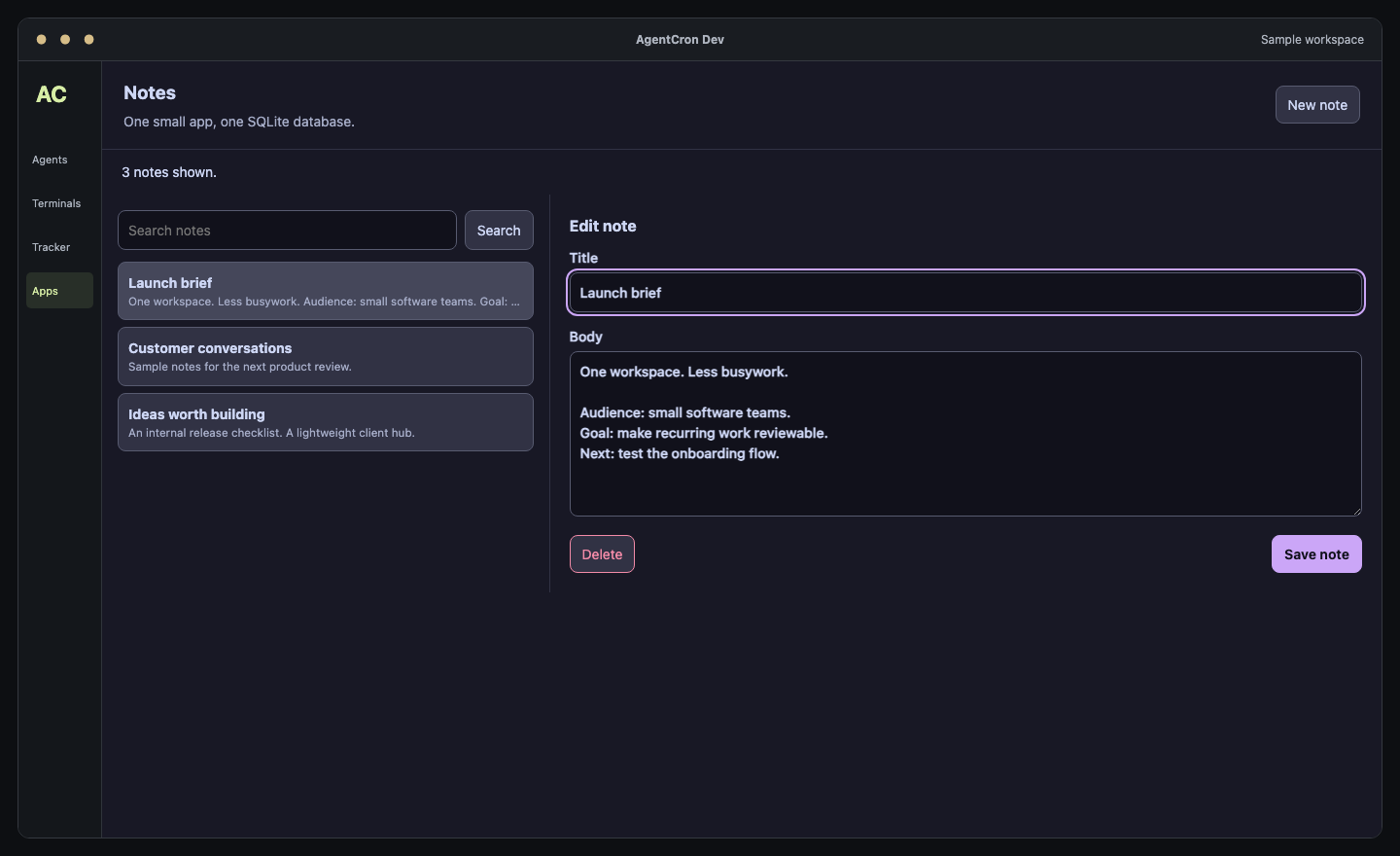 The Notes mini-app showing a fictional launch brief and a list of notes.
