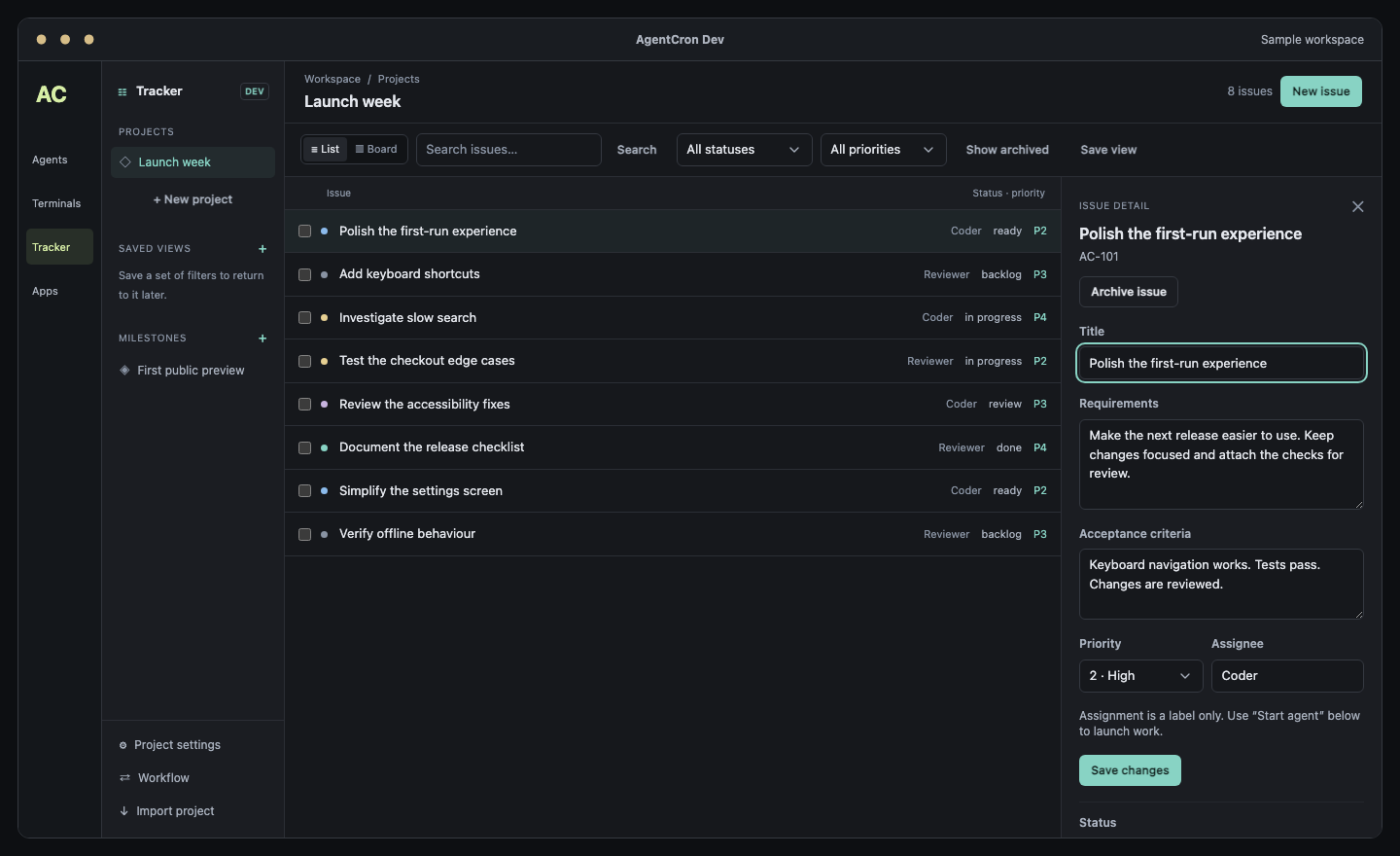 AgentCron Tracker issue detail with a description, acceptance criteria, priority and assignee.
